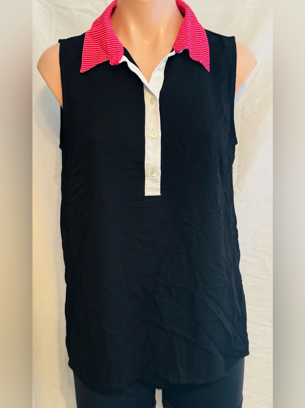 Sleeveless Black Polo Top with Red & White Stripe Collar